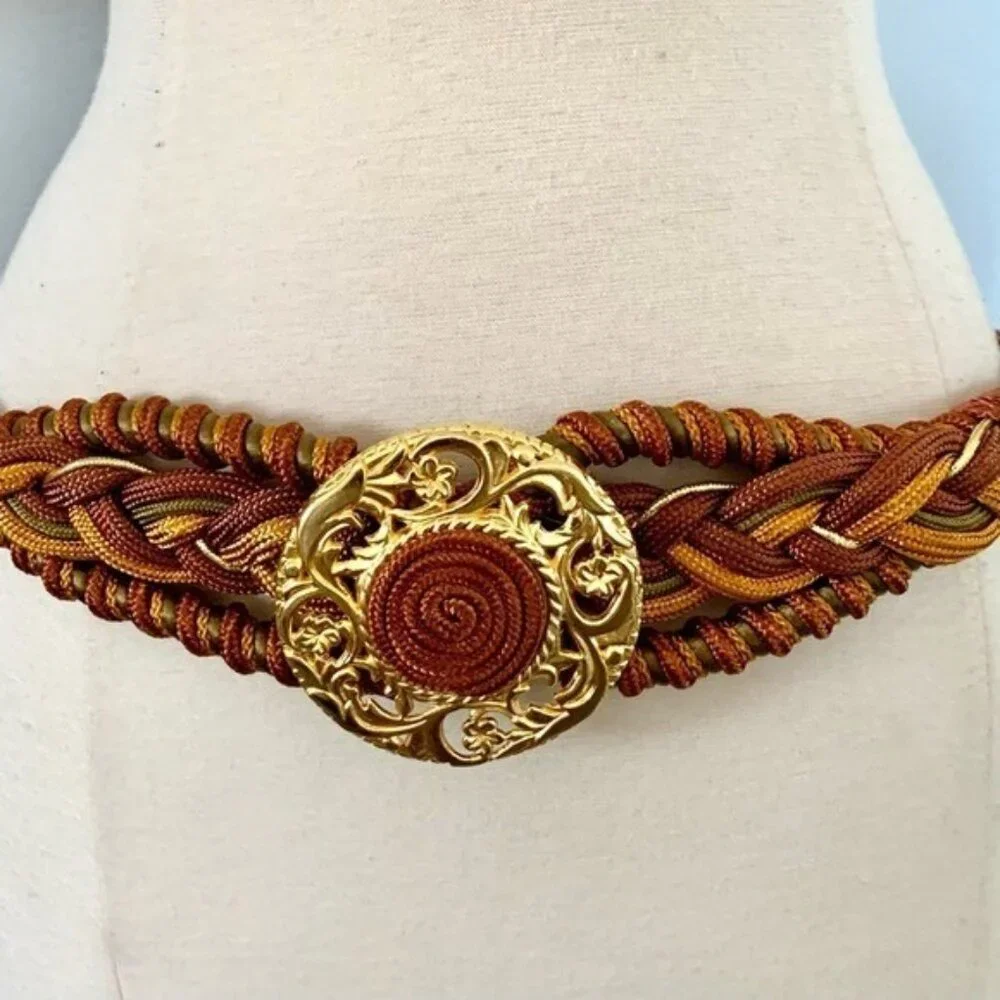 vintage 80’s 90’s statement belt statement stretch braided Gold Fall colors M L